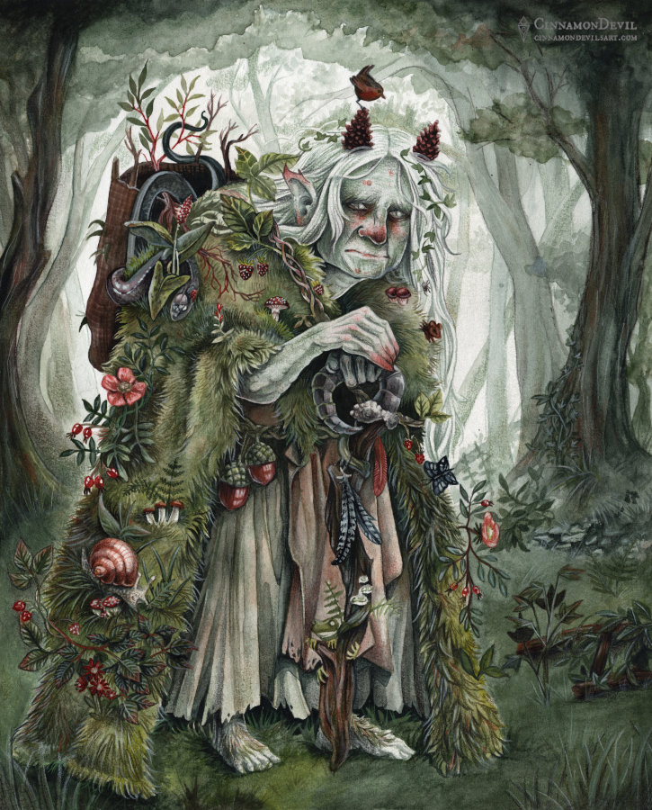 watercolor illustration of a middle European folkloric forest spirit in her natural environment